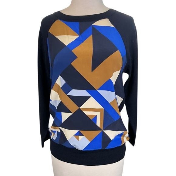 J.Crew Silk Front Merino Wool Sweater Size S | Blue Tan Geometric Print - Picture 1 of 10